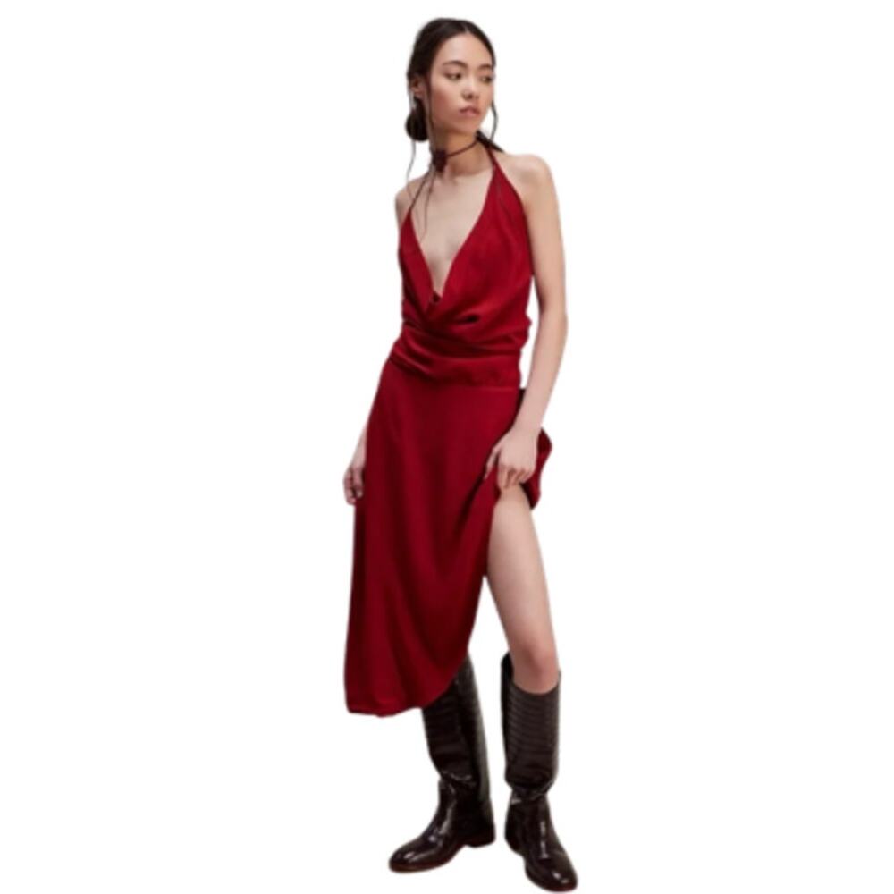 Nicholas K Juno Halter Dress Midi Cowl Neck Asymmetrical Crimson Red Size Medium